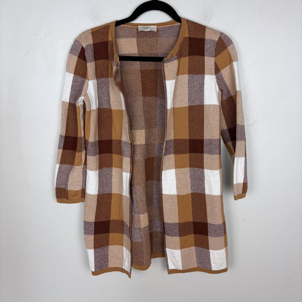 LOFT Brown Plaid Cardigan Academia Preppy Open Front Sweater Size XS Petite